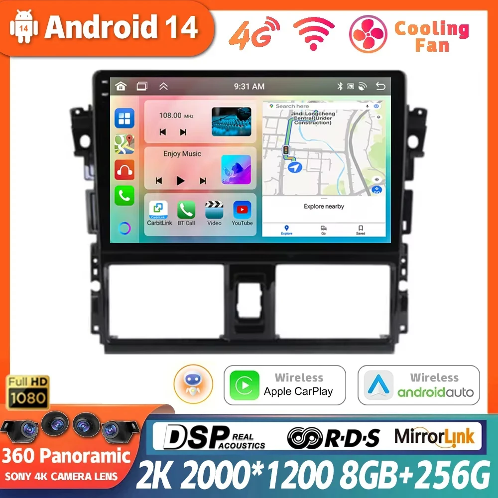 Android 14 для Toyota Vios Yaris 2013 2014 2015 2016 автомобильный радиоприемник мультимедийный плеер