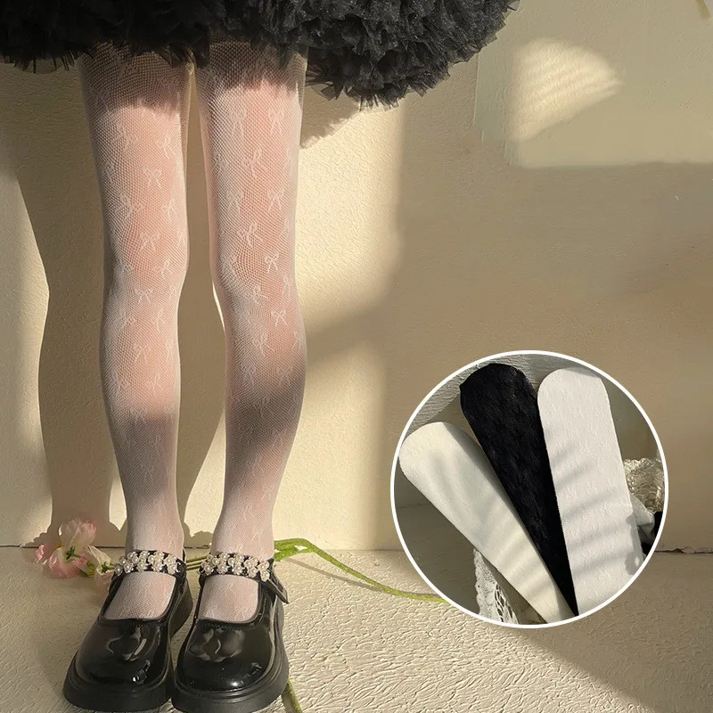 

Kids Girl Pantyhose Ins Simplicity Bow Tights Hollow Lolita Lace Silk Stockings for Little Girl Summer Autumn Breathable Sock