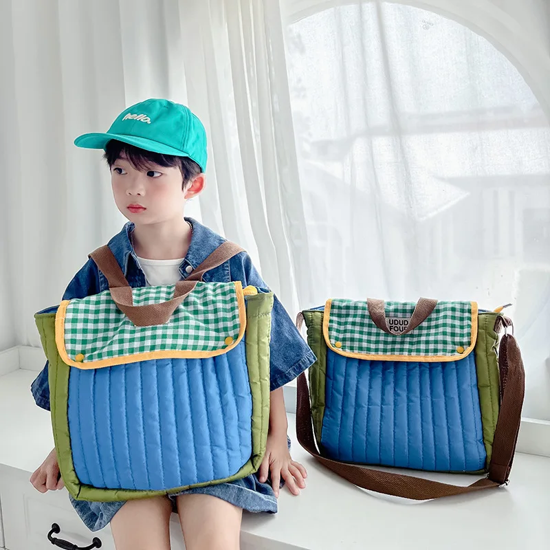 Korean Ins Style Children's Contrast Color Plaid Backpack Wild Handbag Baby Boy and Girls Travel Outdoor Accessories Bags 4-12y