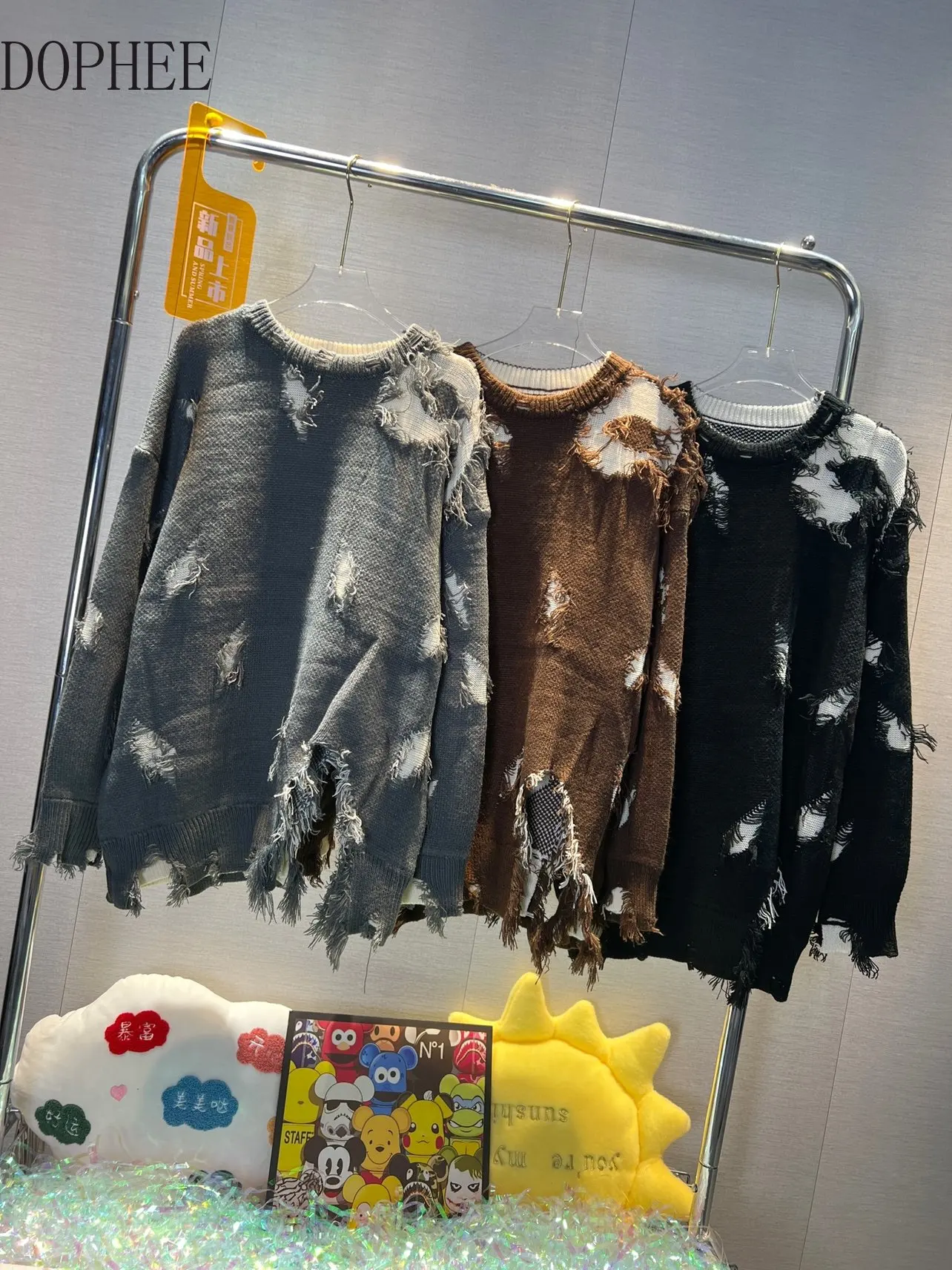 

2022 New Autumn Winter Design Hole Beggars Sweater Women Rregular Round Neck Long-sleeve Knitted Jumpers Loose Pullover Top