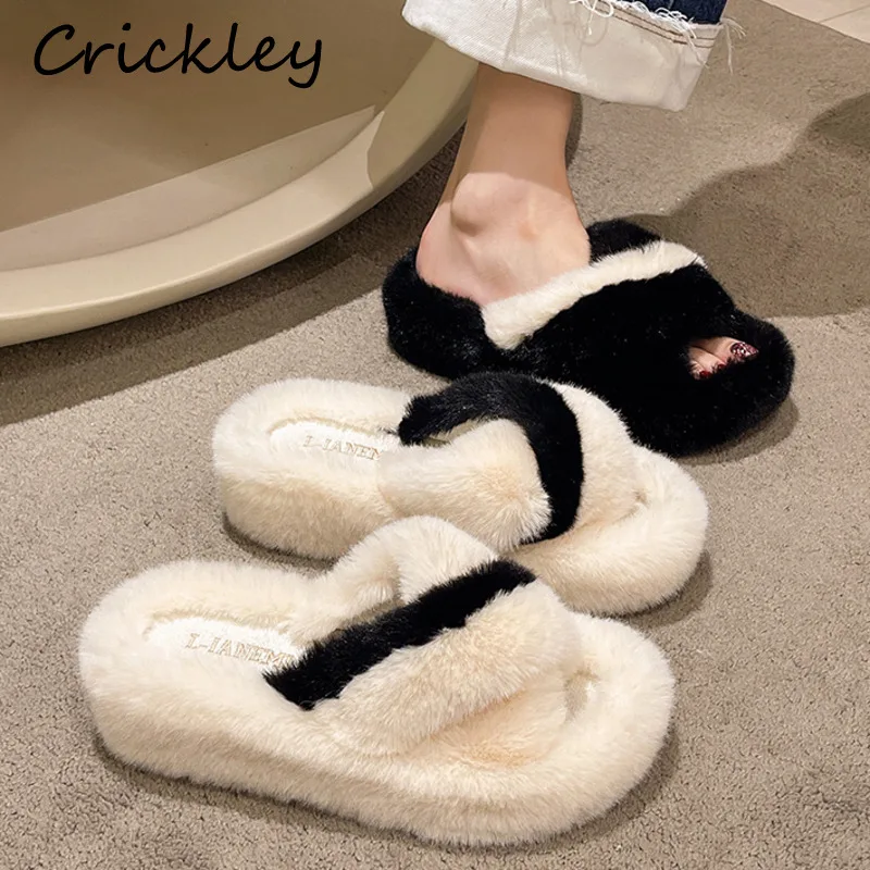 

New Fluffy Women Slippers Luxury Designer Ladies Chunky Flip Flops Faux Furry Female Platform Slides Winter Outdoor Shoes