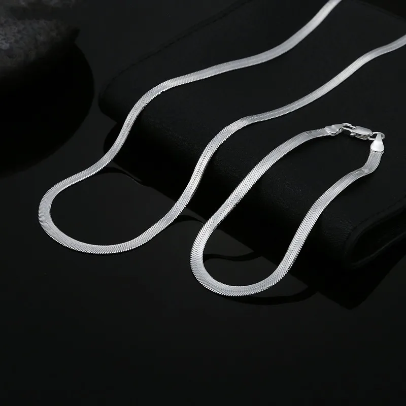 

925 Sterling Silver 4MM Flat Chain Bracelets Neckalce Set For Women Fashion Party Wedding Noble Jewelry Sets Gifts