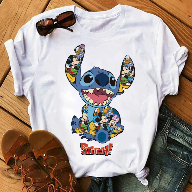 

Kawaii Disney Cartoon Stitch T Shirt Women Ohana Lilo Stitch Graphic Tees Summer Tops Harajuku Family Kids T-shirt Female