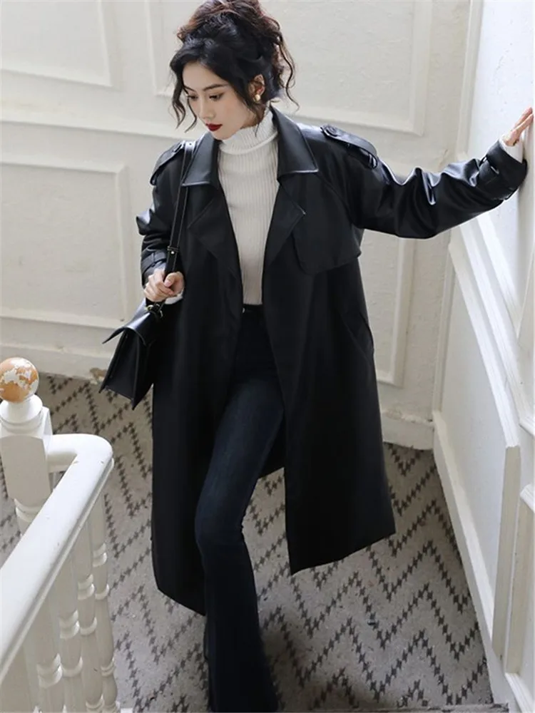 Coat Female Spring and Autumn New Solid Color Lapel Lace-up Mid-length PU Leather Trench Coat Loose Fashion Women's Clothing 606