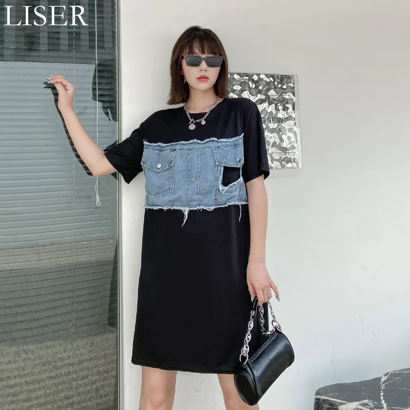 

Женское джинсовое платье-футболка с коротким рукавом, свободное платье до колена с круглым вырезом, в стиле ретро, LL1273, лето 2022