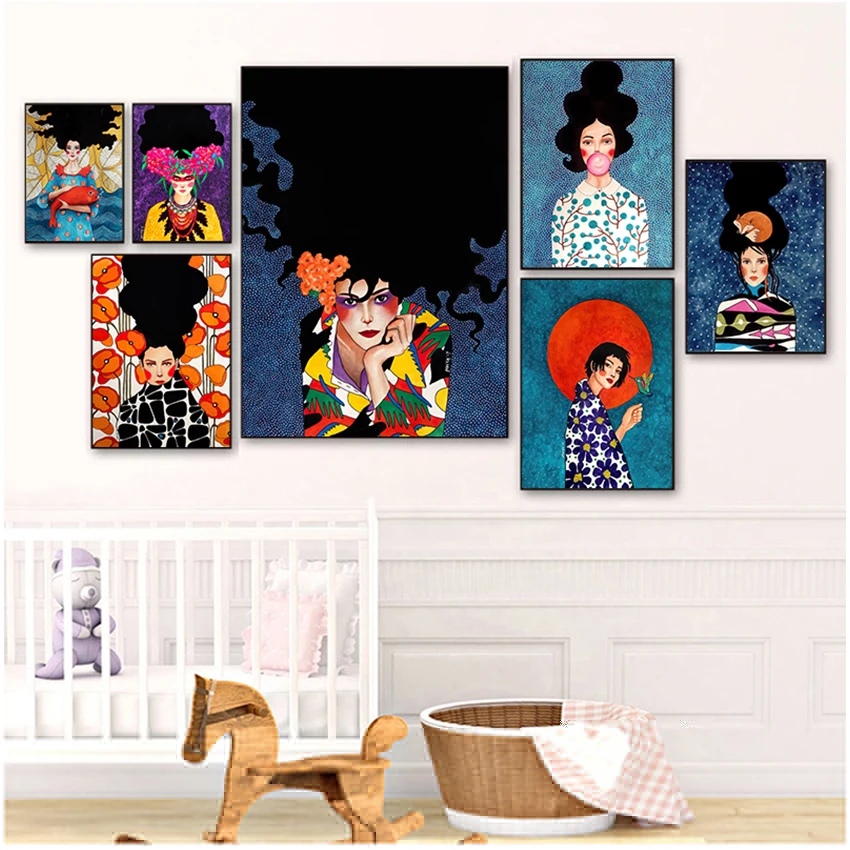 

Настенные картины в скандинавском стиле для гостиной без рамки, винтажная абстрактная девушка, волосы, цветок, Женская Настенная картина, м...