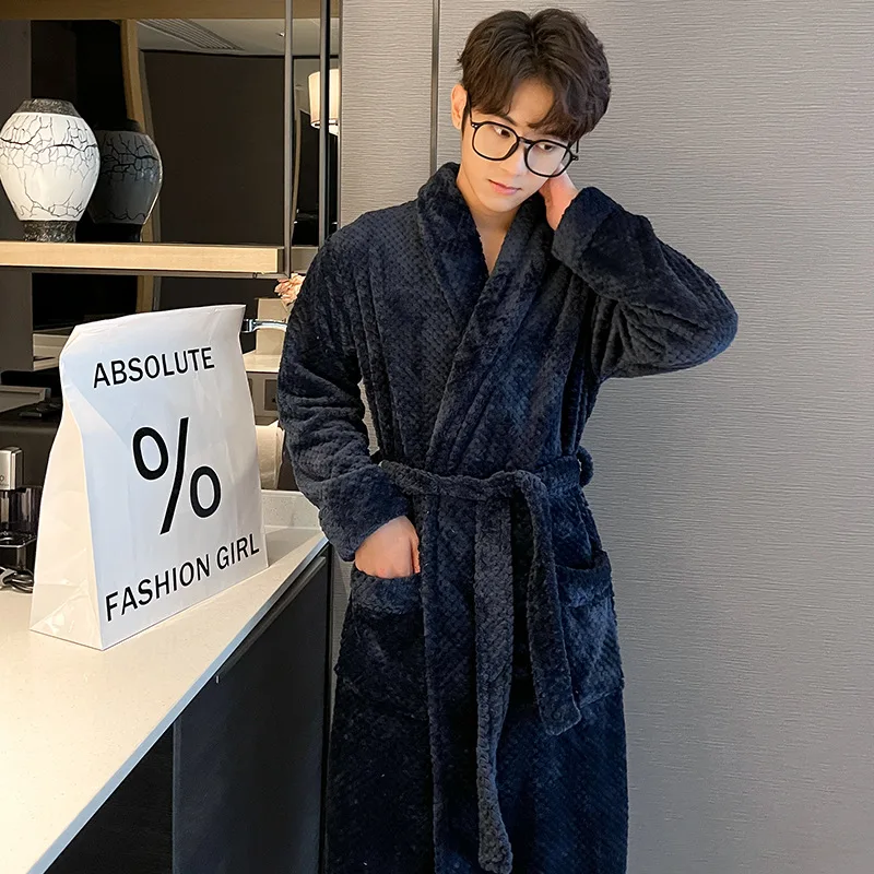 

Flannel Sleeves Robe Solid Bathrobe Clothes Sleepdress Dress Color Kimono Long Loose Home Winter Men Cardigan Dress Home Night