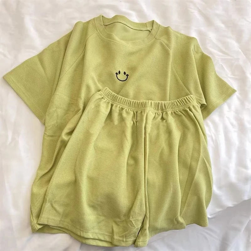 

Summer Short Sleeves Sets Women Casual Loose Two Pieces Cotton T Shirts High Waist Female Shorts Solid Harajuku Tracksuit