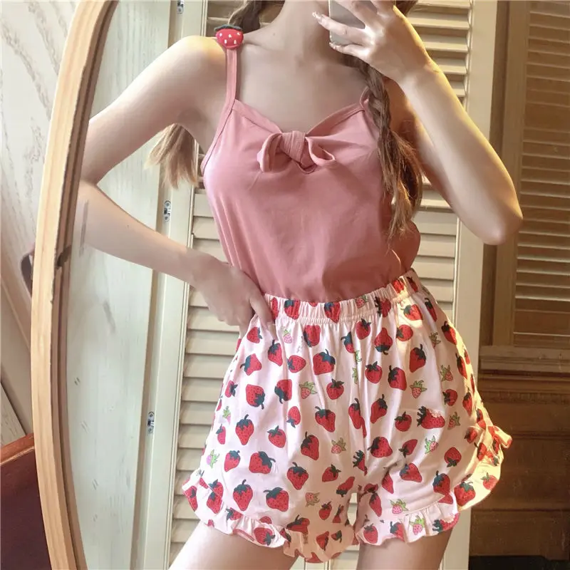 

Pajama Sets Women Japan Style Kawaii Lovely Strawberry-print Summer Ins Y2k Sleepwear Girlish Simple Homewear Lounge Sleeveless