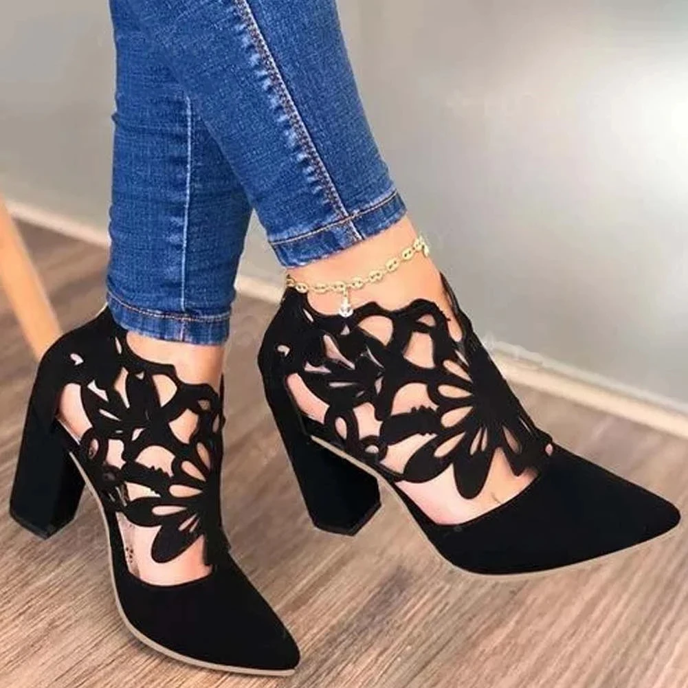 Comemore Female Spring 2022 New Classic Retro Sandals Pointed Toe Thick High Heels Women Sandal Summer Hollow Out Pumps Shoes 43