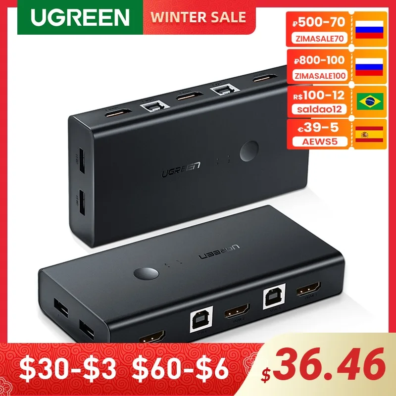 

UGREEN KVM Switch 2 In 4 out HDMI Switcher Box USB Hub Sharing Box with 3 Switching Modes for Printer Keyboard Laptop KVM HDMI
