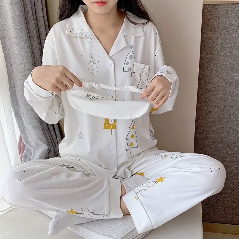 QWEEK Pijamas Women Cotton Two Piece Set Pajamas Summer Autumn Kawaii Animal Print Pour Femme Pyjamas Sleepwear Loungewear Cute