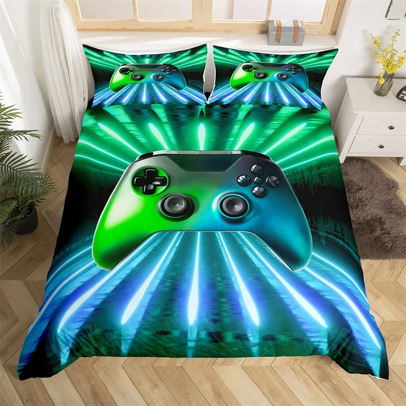 

Green Blue Gamepad Bedding Set, Game Player Comforter Cover Full Size Modern Gamer Gaming Boys Girls Teens Young Man Room Decor