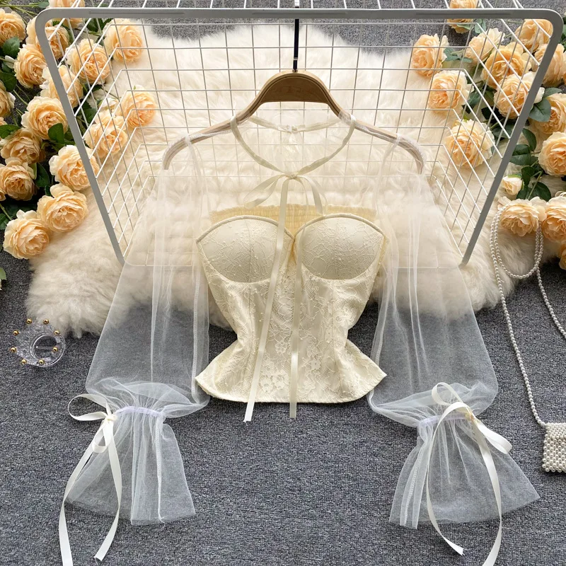 

Short Shirt Women's T-shirt Design Sense Niche Shirt Trumpet Sleeve Mesh Sexy Lace Tops for Women 2022 New Blouse Women