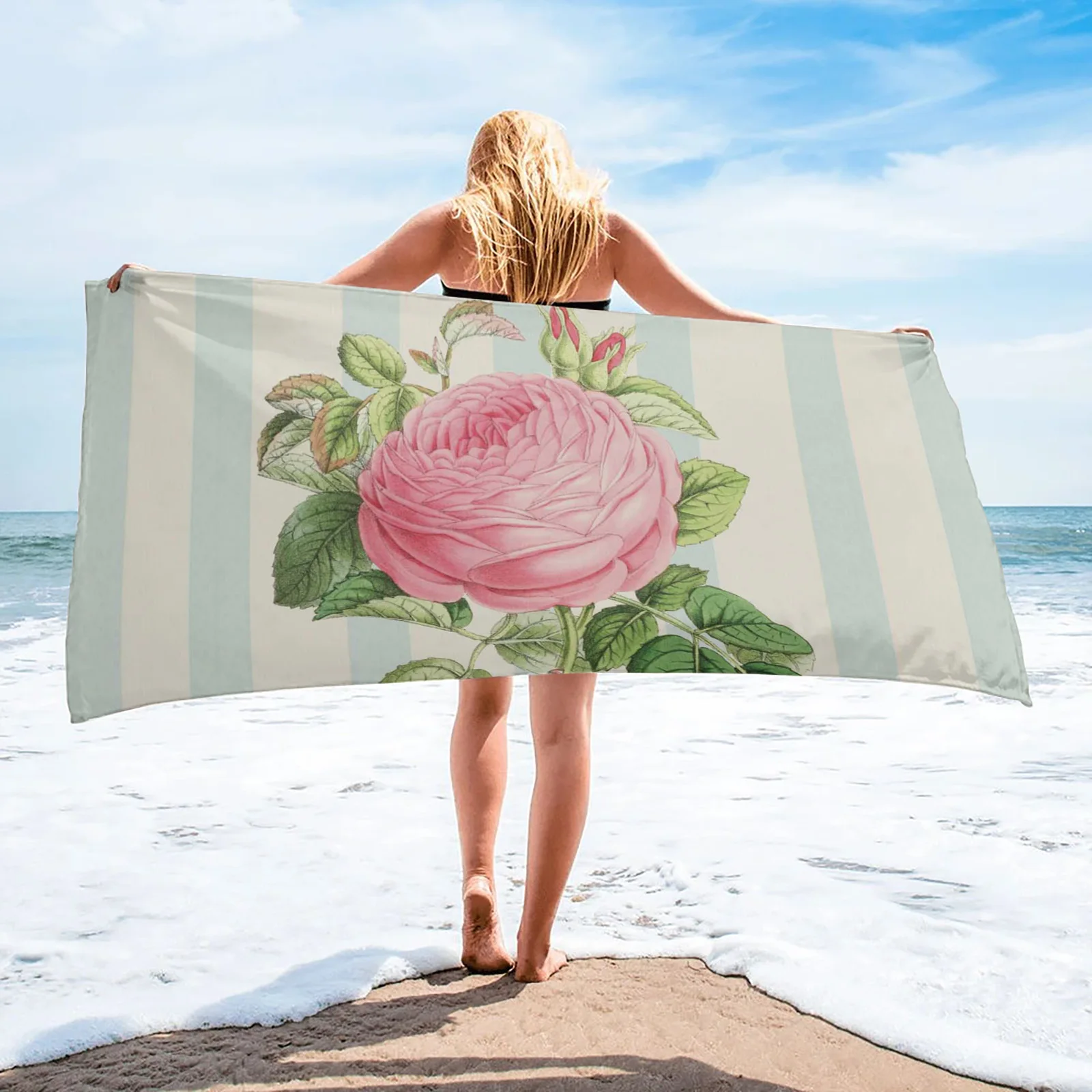 

Flower Rose Striped Background Soft Quick-drying Bath Towels Outdoor Seaside Round Beach Towel Microfiber Face Towel