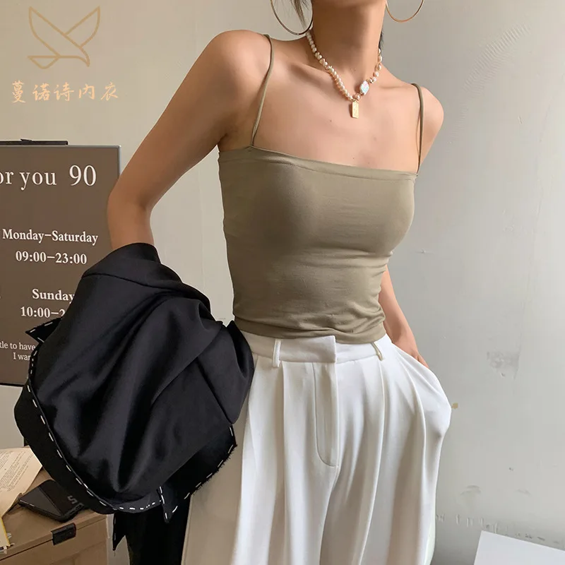 

Welfare solid color camisole women with integrated chest pad thin shoulder straps elastic bottoming tube top wear tide