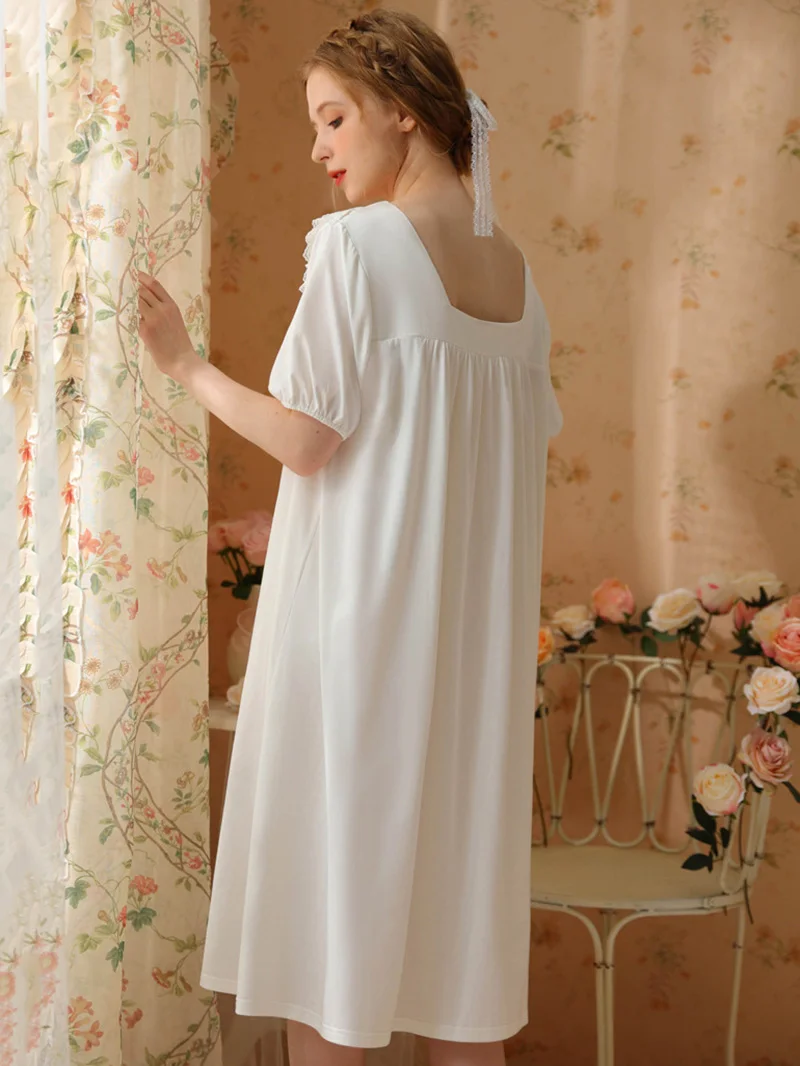 Summer Ruffles Backless Princess Pajama Night Dress Short Sleeve Backless Cotton Victorian Sweet Lolita Loose Women's Nightgown