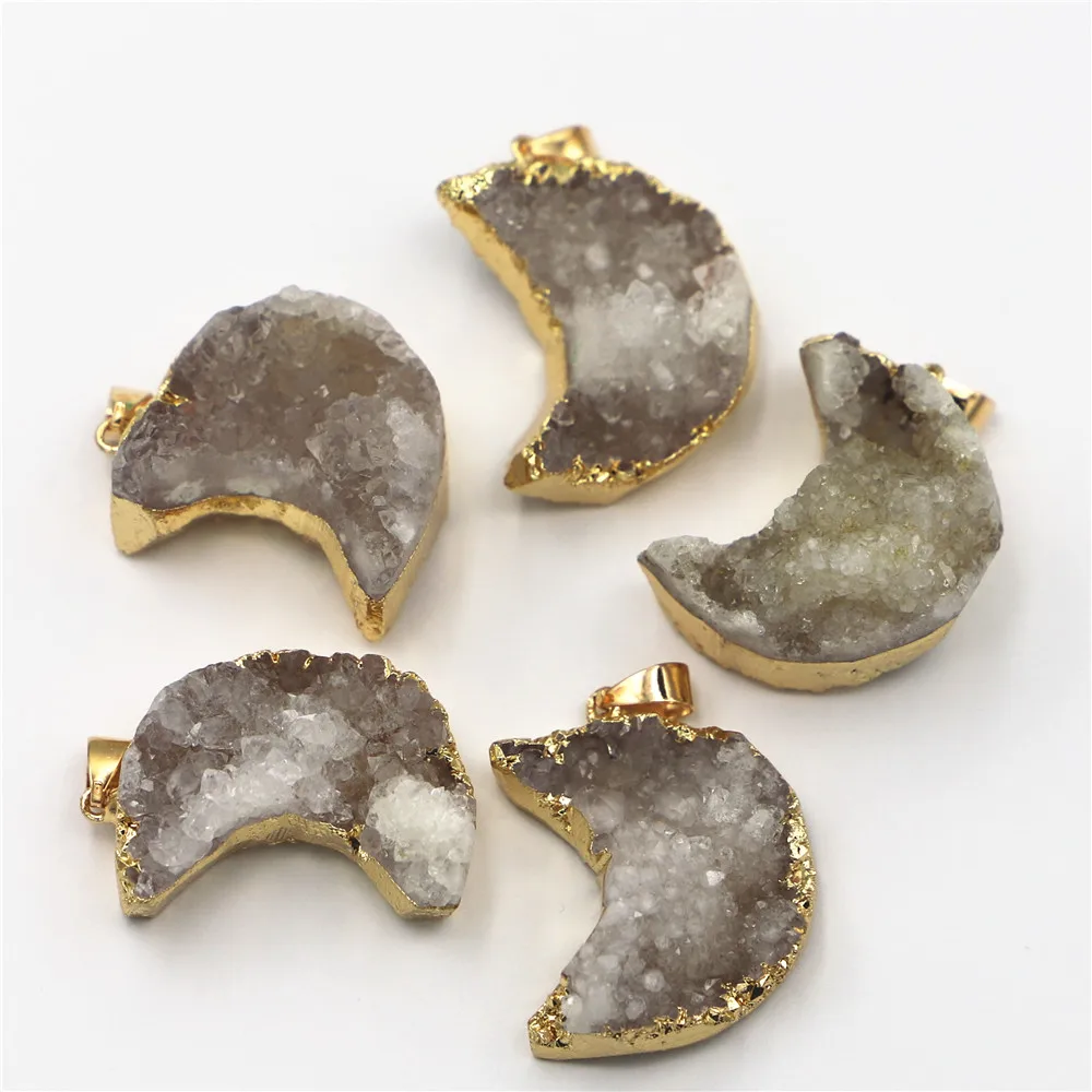 

6pcs/lot White Rough Natural Agate Gold Plated Moon Crescent Pendant Charms Crystal DIY Jewelry Necklace Wholesale Free Shipping