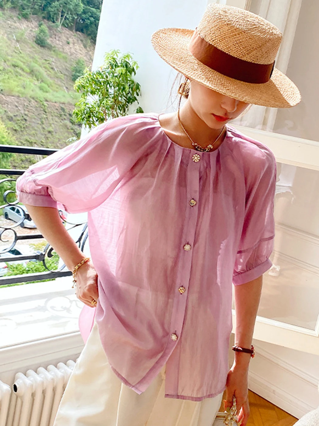 

2022 French Silk Elegant Women's Shirt Top Women Round Neck Raglan Sleeve Light Purple Cardigan Tops Fashion Blouses Summer
