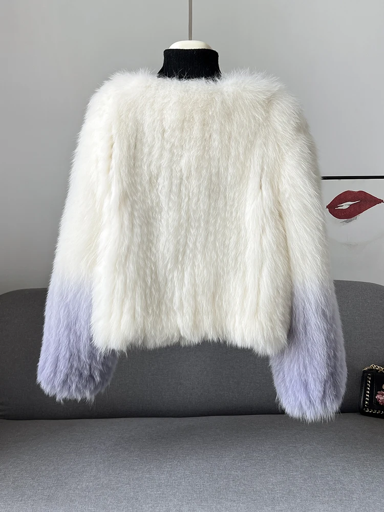 2022 Autumn Winter New Gradient Real Fur Coat Winter Women Handmade Double-sided Woven Fox Fur Coat Women's Fashion Fur Jacket