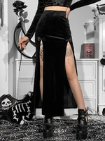 goth vintage black velvet split skirts aesthetic sexy high waist bow bodycon long skirt elegant e girl punk partywear clothes