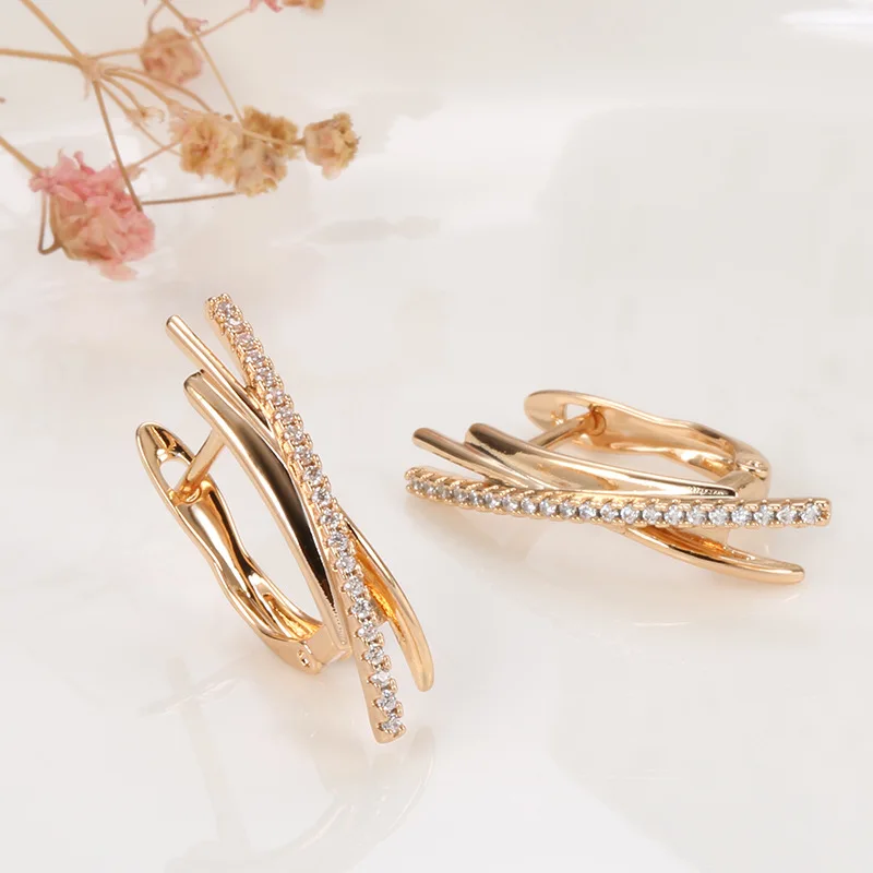 

New 585 Rose Gold Drop Earrings Geometric Lines Natural Zircon Earring for Girls Fashion Jewelry Birthday Gift Accessories