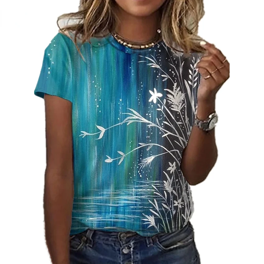 

Женский модный топ с круглым вырезом и коротким рукавом, повседневный пуловер с цветочным принтом, летняя свободная Универсальная футболка...