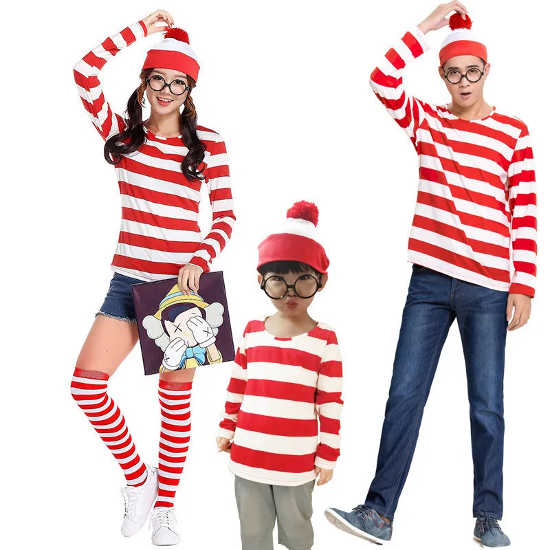 Костюм родителя и ребенка Wheres Wally, униформа аниме Waldo для взрослых и детей, игровая рубашка в красную полоску, шляпа, очки, Рождественская одежда Костюм родителя и ребенка Wheres Wally, униформа аниме Waldo для взрослых и детей, игровая рубашка в красную полоску, шляпа, очки, Рождественская одежда