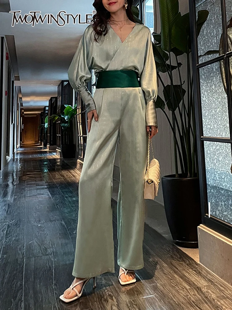 

TWOTWINSTYLE Fashion Colorblock Two Piece Set For Women V Neck Long Sleeve Tops High Waist Wide Leg Pants Female Sets 2022 Style