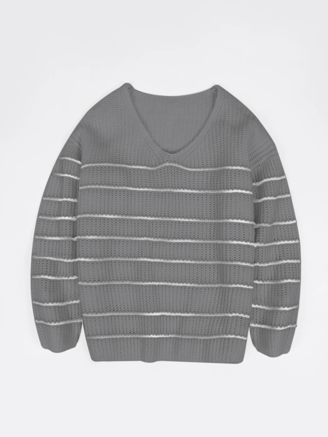 Однотонный свободный свитер винтажный вязаный пуловер в полоску с длинным