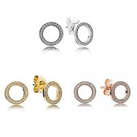 authentic 925 sterling silver sparkling rose gold circle with crystal stud earrings for women wedding gift pandora jewelry