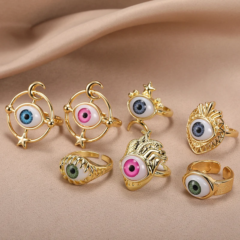 

Fashion Vintage Punk Style Color Devil Eye Adjustable Rings For Women Gold Stainless Classic Charm Jewelry Party Couple Gifts