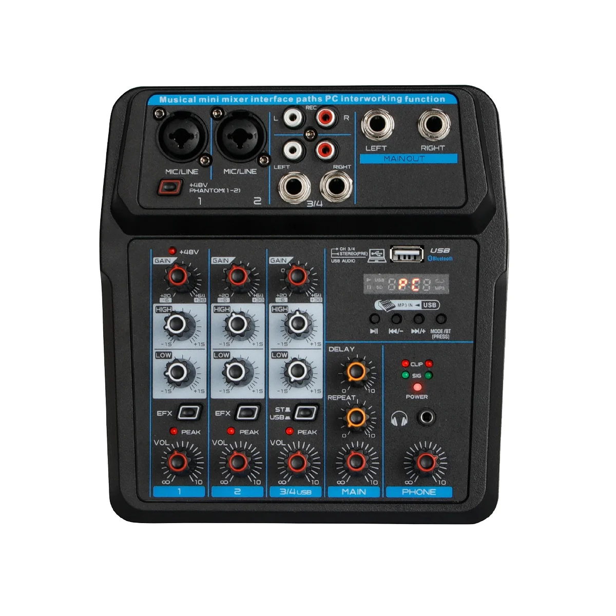 

Sound Mixing Console Bluetooth USB Record Computer 48V Phantom Supply Delay Repeat Effect 4 Channel USB Audio Mixer