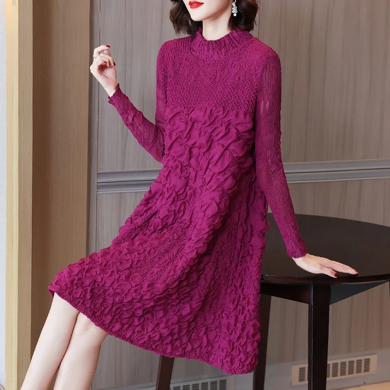 

Miyake Pleated Dress for Women 2022 Summer New Machine Embroidery Ladies Fashion Loose Temperament Plus Size A- Line Vestidos