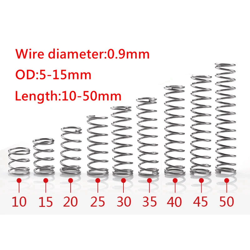 

10pcs Wire Diameter 0.9mm 304 Stainless Steel Compression Spring Return Spring Outer diameter 5-15mm Length 10-50mm
