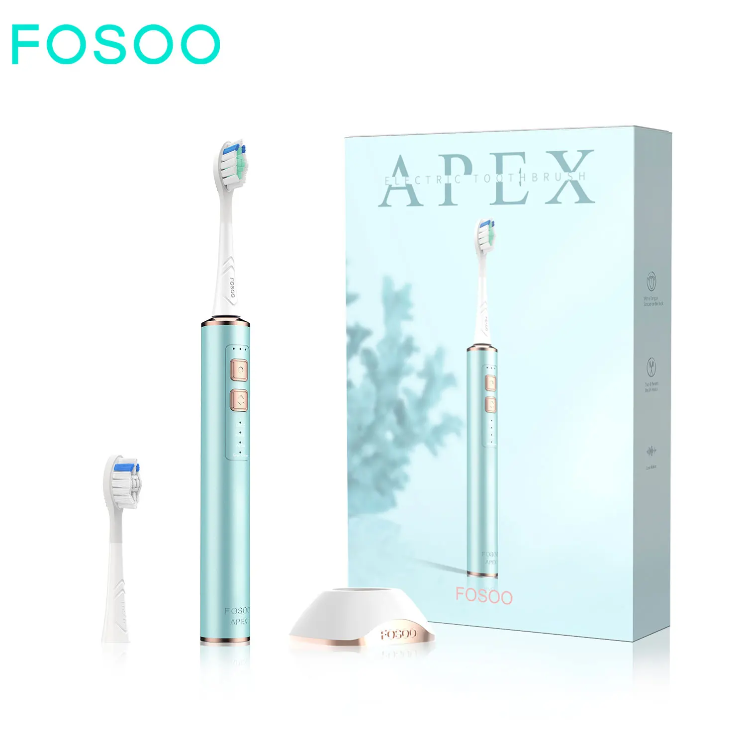 

Электрическая зубная щетка FOSOO APEX, 4 режима чистки с 2 синими головками