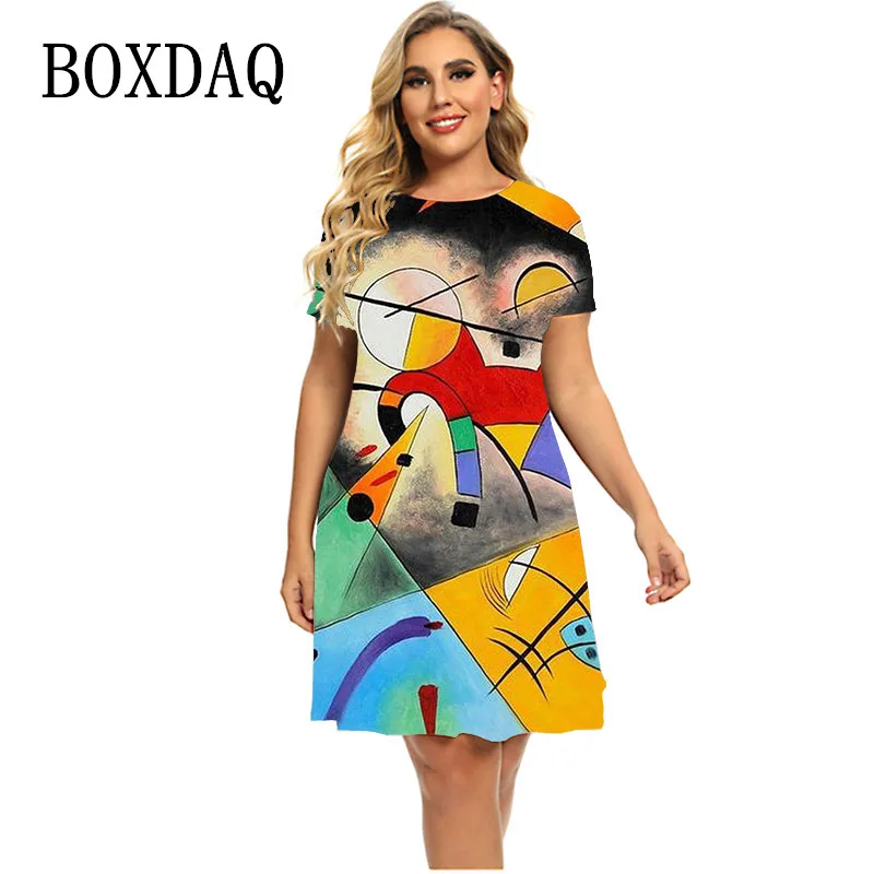 

Женское винтажное платье с коротким рукавом, платье большого размера с геометрическим принтом в виде граффити, уличная одежда, лето 2022