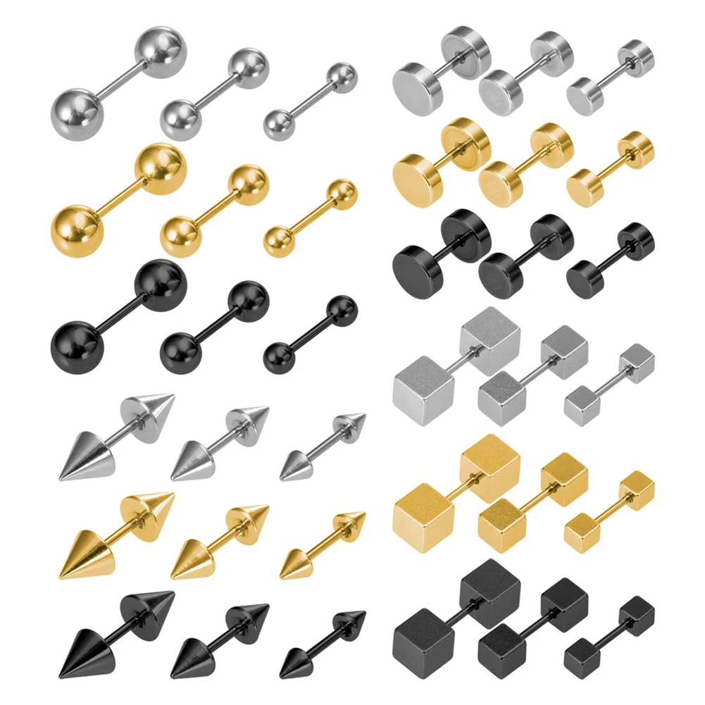 

3Pcs 20G Screw Back Ball Tragus Stud Cartilage Earrings Helix Ear Piercing Jewelry Round Cone Square Surgcial Steel Stud Earring