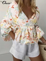 celmia bohemian sexy deep v neck party shirt 2022 summer floral print tops casual women chemise lantern long sleeve wrap blouses