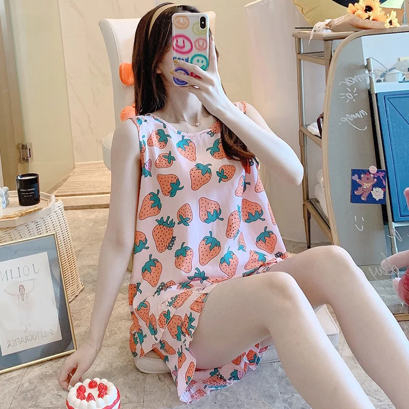 Summer Comfortable Beautiful Back Cotton Silk Women's Pajama Sets, Thin Vest Shorts Two-Piece Sweet Rayon Home Clothes