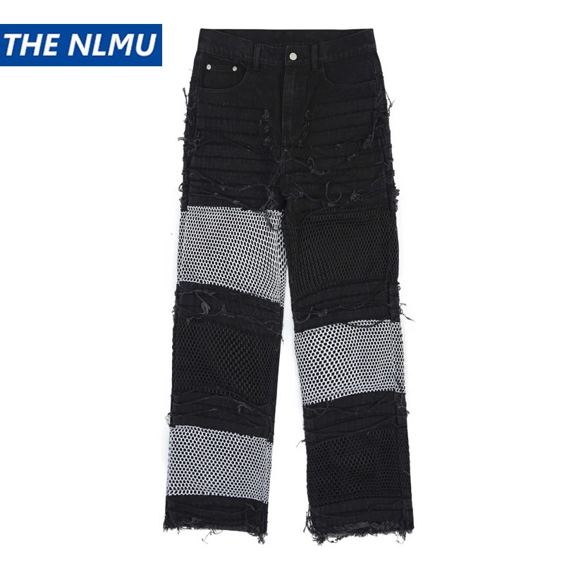 Vintage Denim Pants 2023 Men Streetwear Retro Ripped Grid Patchwork Denim Pant Jeans HipHip Casual Joggers Trousers Jeans
