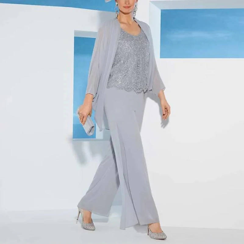 

Chiffon Pantsuit Mother of the Bride Pant Suits Gray 3 Pieces Long Sleeve Jacket Loose Pants for Woman Evening Party Outfits