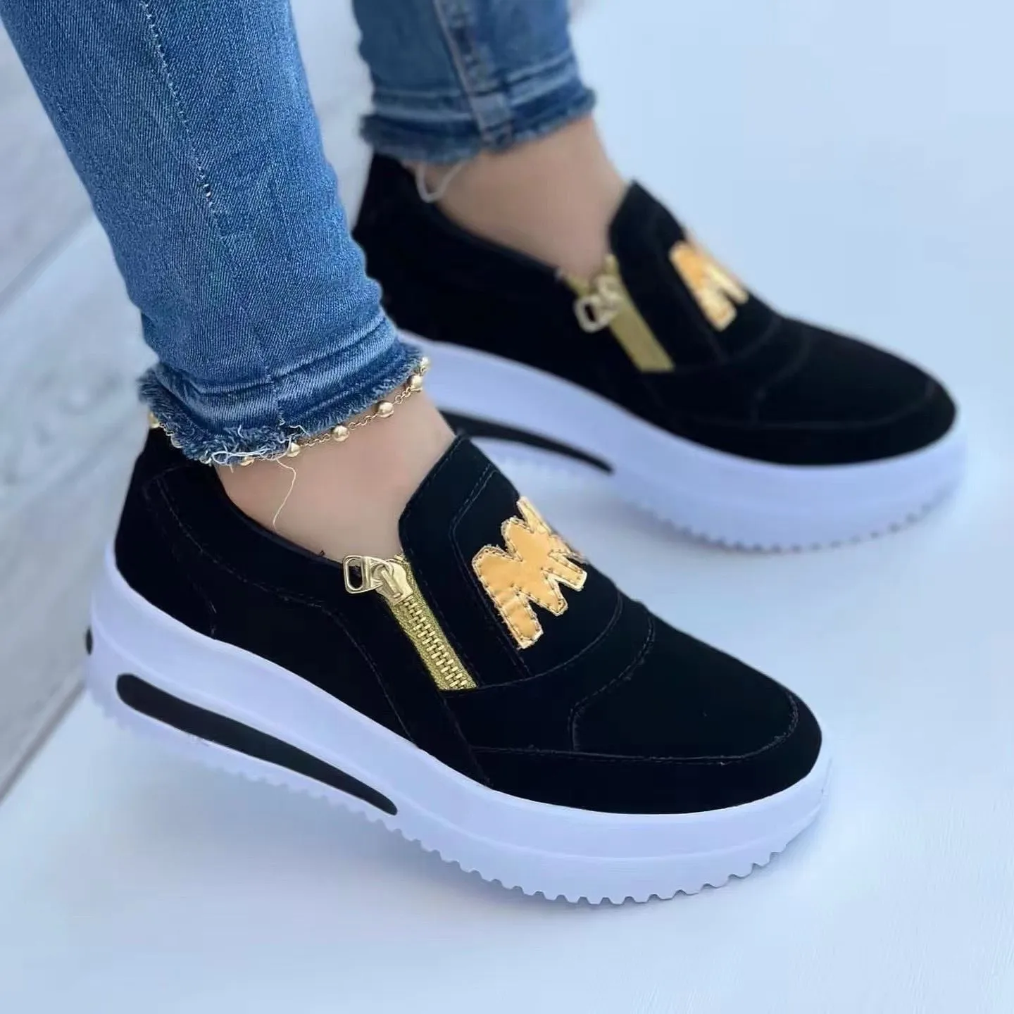 Women Casual Shoes Spring/Autumn Size 35-43 Women Sneakers Soft Fashion Zipper Round Toe Multi-Colors Ladies Shoes Outdoor
