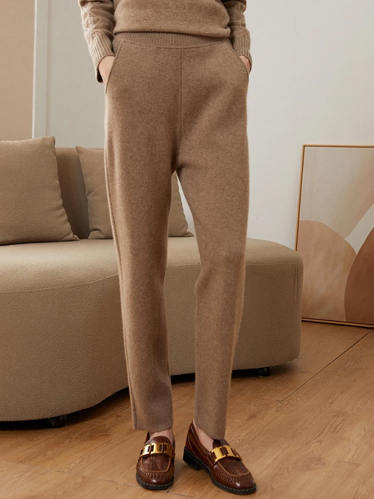 Women Pants 2022 New Autumn and Winter Soft Comfortable High-Waist 100% Cashmere Knitted Thicken Pants Female Elastic 4Colors