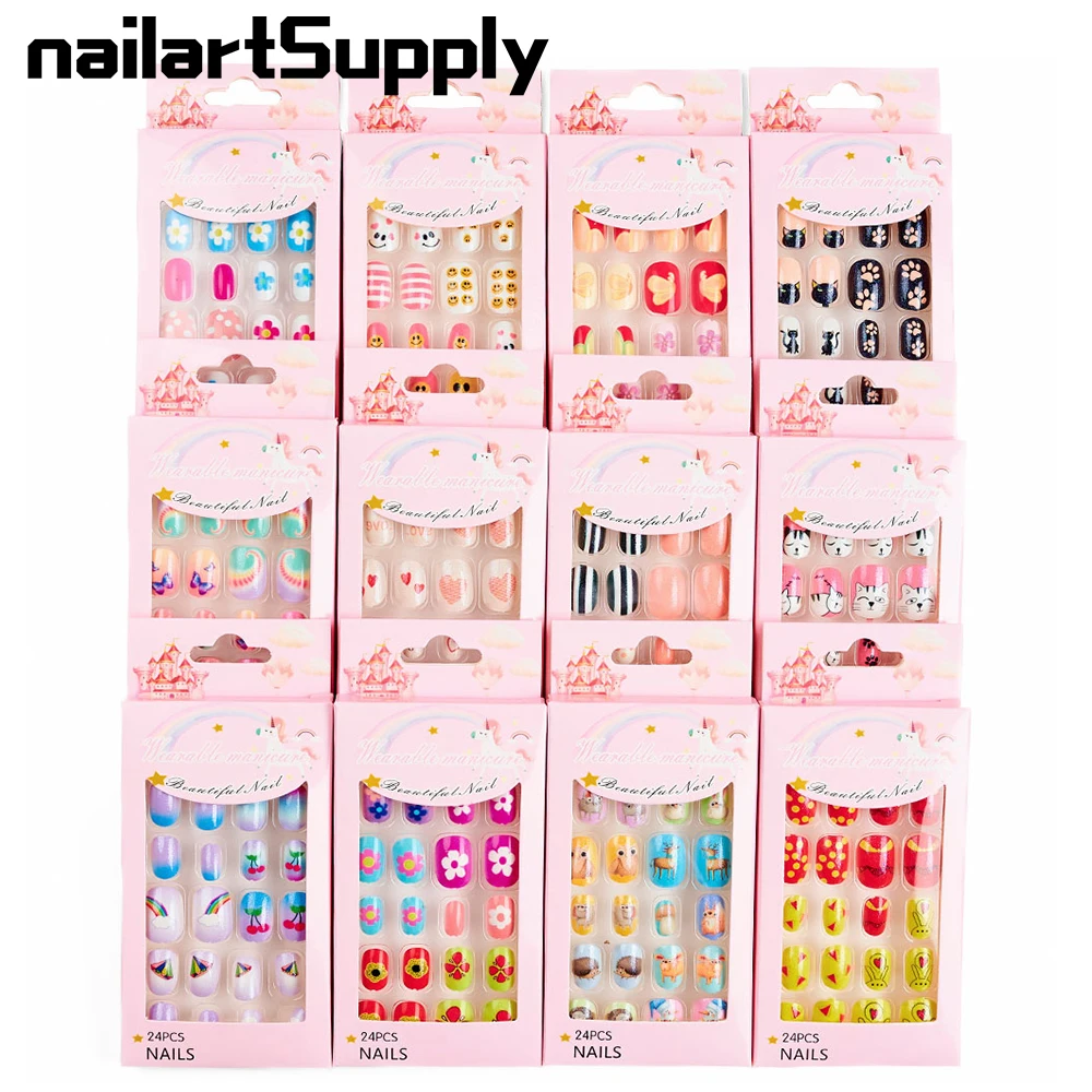 24Pcs Cartoon Kids Fake Nails Full Cover Press On Child Detachable False Detachable Self Glue Fake Nail Art For Grils Manicure