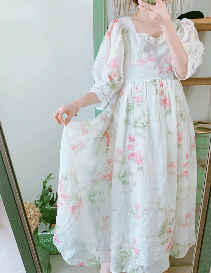

2023 Summer New Women's French Style Small Fresh Palace Lantern Sleeve Ramie Printed Cotton and Linen Dress