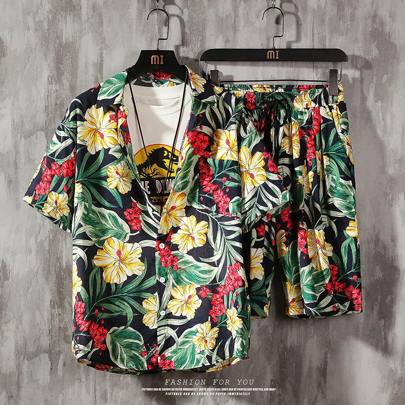 

Men's 2 Pieces Set Hawaiian Shirts +Beach Shorts Mens Casual Streetwear 2022 Summer Floral Loose Short Sleeve Holiday Suits Male