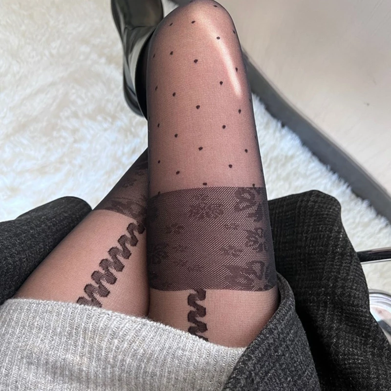 Women Sexy Ultra-Thin Sheer Pantyhose Contrast Color Fake Garter Belt Lace Jacquard Tights Small Dots Tattoo Leggings 37JB images - 6