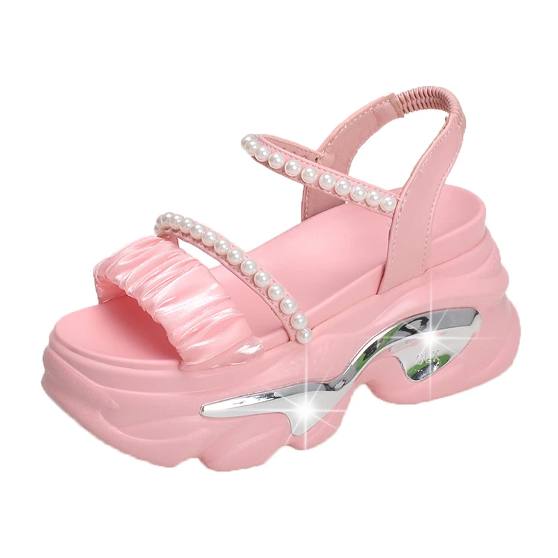 Fashion Pearl Ankle Strap Chunky Sandals Women New Summer Thick Platform Gladiator Sandals Woman 9CM Casual Thick Sole Slippers