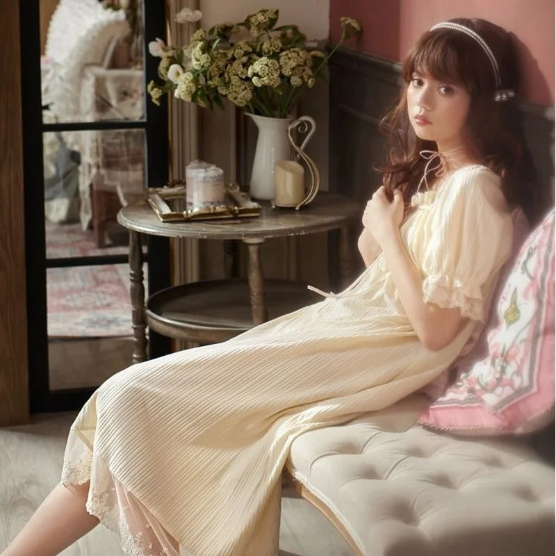 Princess Style Nightdress for Women 2021 New Summer Kawaii Lace Night Gown Sweet Plus Size Dress Calf Nightwear Ruffles Homewear
